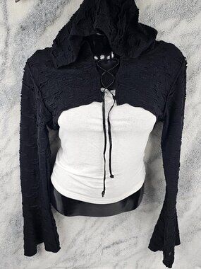 Widow XXL Black Shredded Distressed Hole Lined Shrug Hoodie Lace Up Bell Sleeve